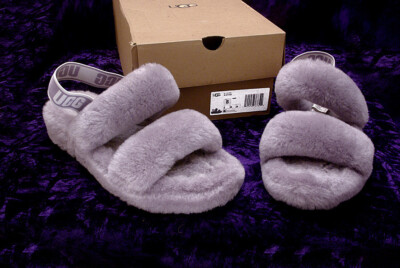 UGG OH YEAH SLIPPERS Soft Amethyst Grey Shearling Barely Worn w/ Box sz