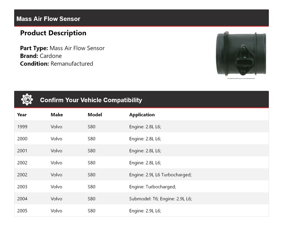 Sensor de flujo de aire masivo Cardone 2000 2001 2002 2003 2004 para Volvo S80 1999-2005 Foto 2 de 4