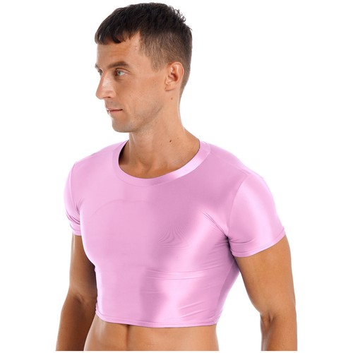 FEESHOW Mens Smooth Short Sleeve Crop Top Solid Color Round Neck Slim AU - Picture 29 of 118