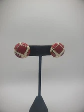 Vintage Earrings Clip On Huggie Gold Tone Red White Geometric Jewelry Costume