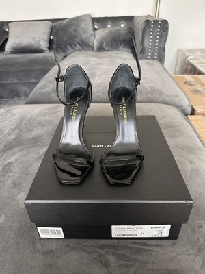 Saint Laurent Opyum YSL Logo Heel Sandals Black Patent Leather Size 34
