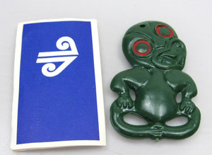 Air New Zealand Tiki Pendant Souvenir Maori Green Plastic Carved Keychain Tag