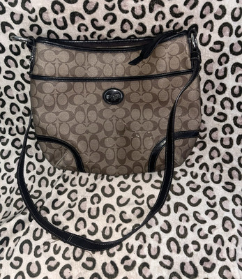 Coach Signature Monogram Brown Black Crossbody Zip Top Detachable Strap.
