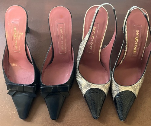 Sergio Rossi Italy Heels Lot Size 35.5 Black Bow Mules Python Snakeskin Slingbac