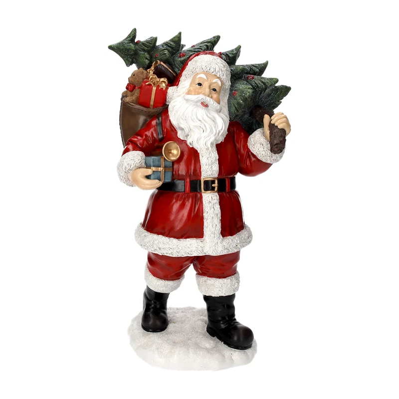 Babbo Natale con Albero e Doni Statua Scultura in Resina 44 cm Addobbo Natalizio