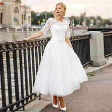 Elegant Wedding Dresses Lace Appliques Tea Length Bridal Gowns A-line Scoop Neck