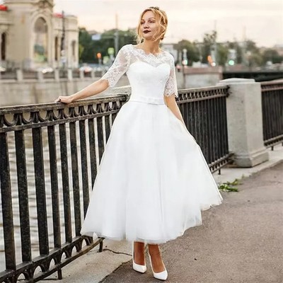 Elegant Wedding Dresses Lace Appliques Tea Length Bridal Gowns A-line Scoop Neck