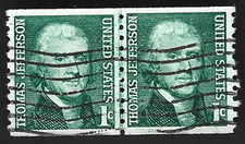 Scott#1299 1c THOMAS JEFFERSON H. Line Pair with a Machine Cancel ~ (A-9)