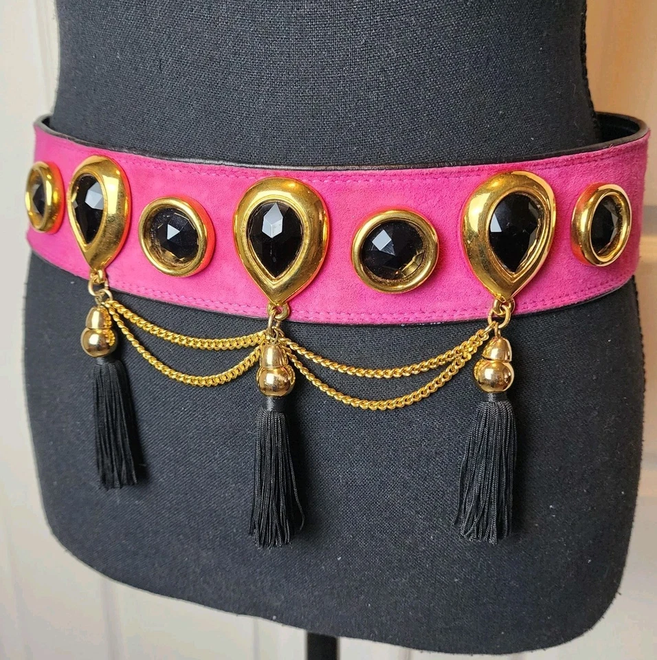 Escada 40 розовый замшевый украшенный драгоценными камнями кисточки золотой цепи ремень винтажный 80-х династии гламур люкс - Изображение 2 из 4