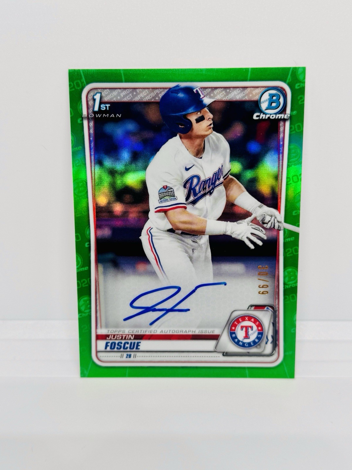 JUSTIN FOSCUE 2020 Bowman 1st Chrome Green Refractor Auto /99 Texas Rangers