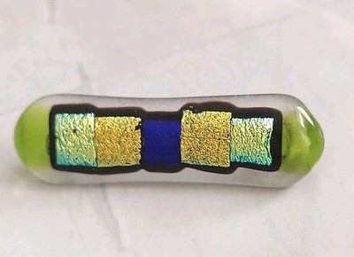 Diochronic Glass Small Rectangular Brooch Green/Blue/Gold 2x0.5ins VGC