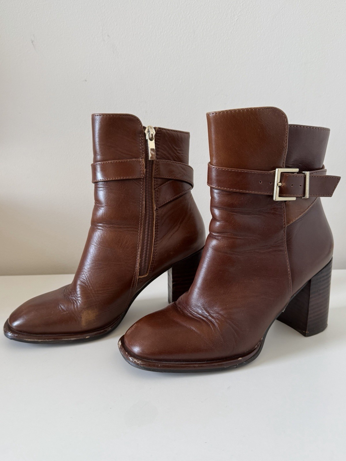 Minelli Paris Brown Leather Buckled Heeled Ankle Boots EU 35
