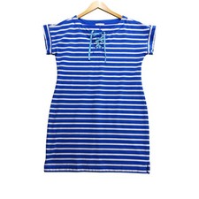 T by Talbots Women's Blue White Striped Lace Up Neck Casual Dress Size L
