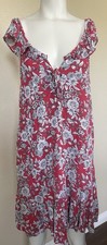American Eagle Floral Mini Dress Medium Red White Ruffle Neck Boho Tie Front