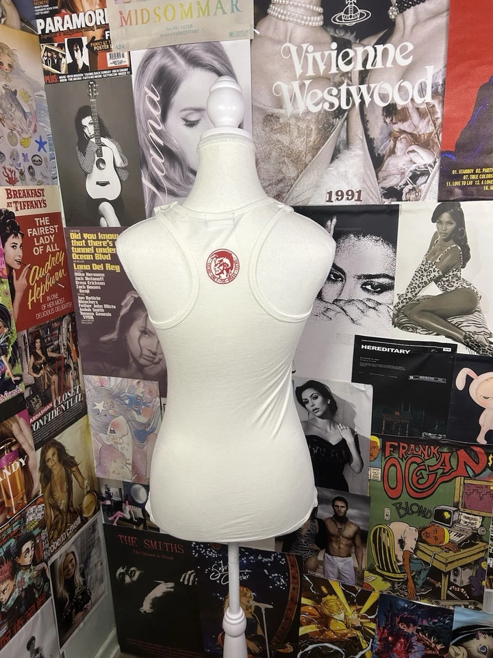 Camiseta sin mangas Y2K Diesel con tachuelas logotipo estampado facial blanca rosa grunge punk EU38/Pequeña Foto 4 de 4