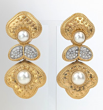 Vintage massive Ohrclips Swarovski Kristalle Kunstperlen Goldfarben Metall Retro