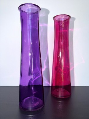 Hand Blown Art Glass Bud Vases Pair Purple & Cranberry Pink 9  Tall Decorative