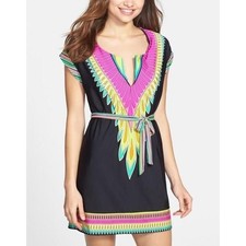 Trina Turk Dress Cover Up Colorful Print V Neck Tie Waist Size S