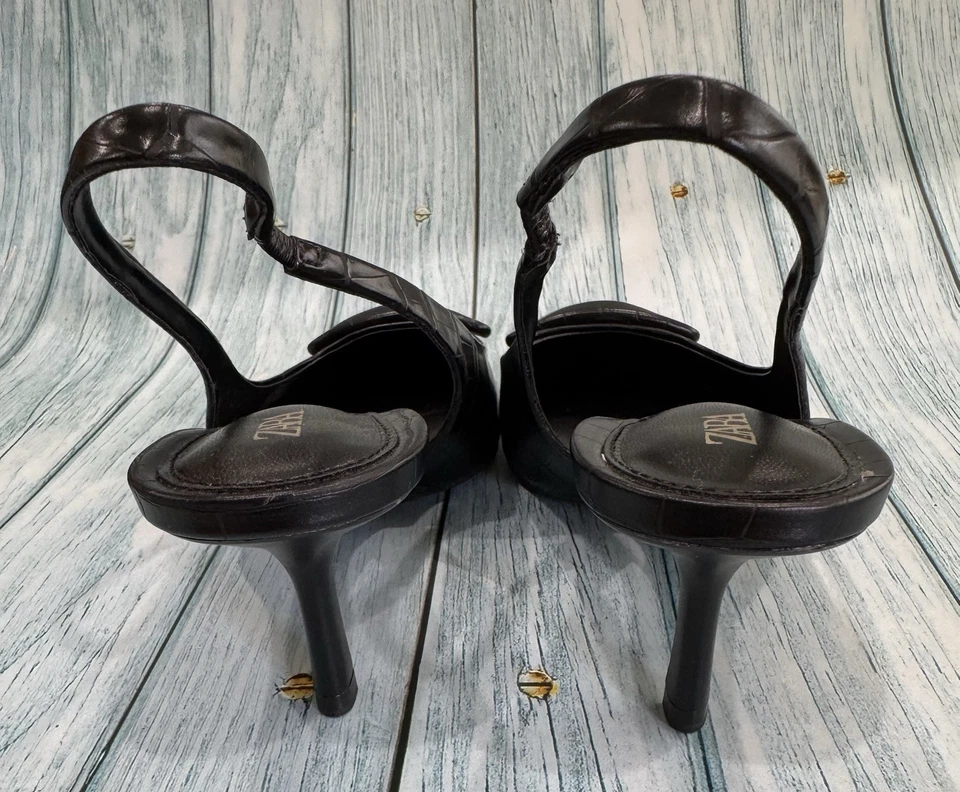 Zara Womens Slingback Pumps Size 5.5 or 36 Black Alligator Print - Image 3 of 4