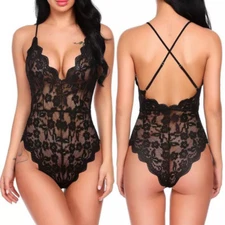 Women Lace Teddy Sexy Lingerie V-Neck Mini Bodysuit One Piece Babydoll Sleepwear