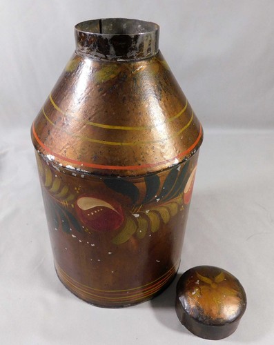 Early Tole Tea Caddy * Tin w/ Painted Apple & Leaf Garland Surround - Picture 4 of 7