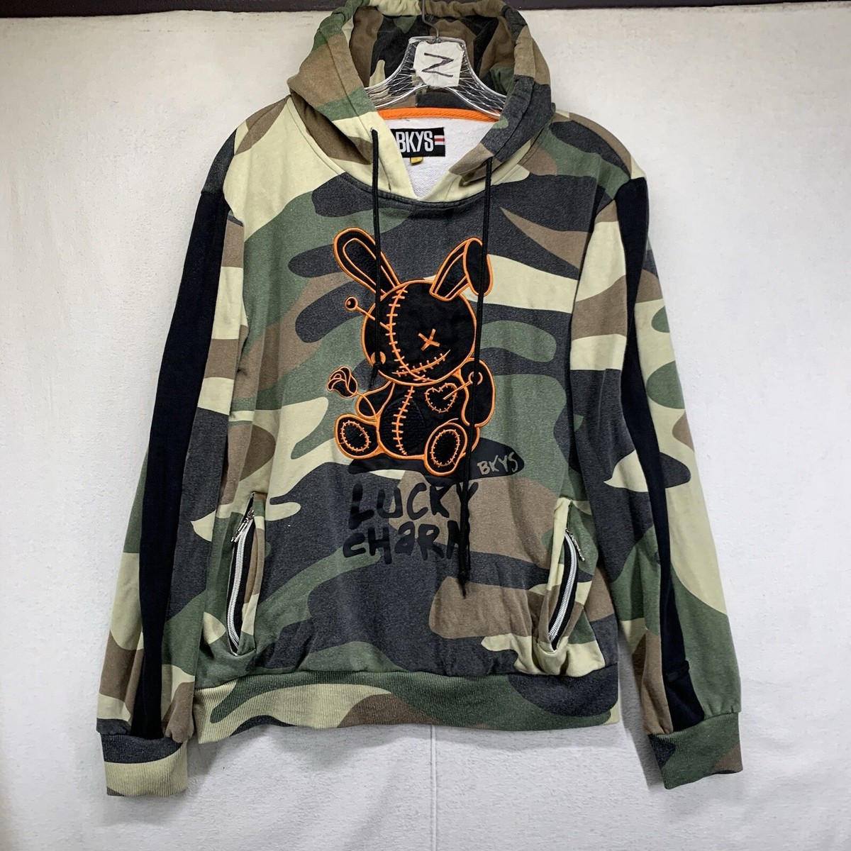 BKYS Hoodie Small Camo Lucky Charm Voodoo Rabbit Patch Zip Pockets