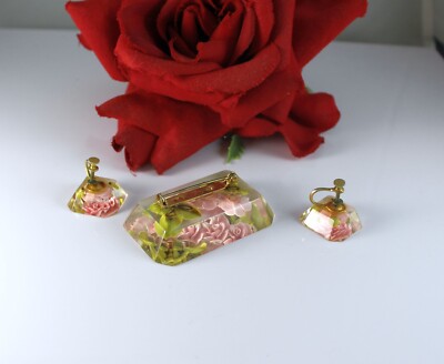 Vintage Resin Pink Rose Flower Pin Earrings Set CAT RESCUE
