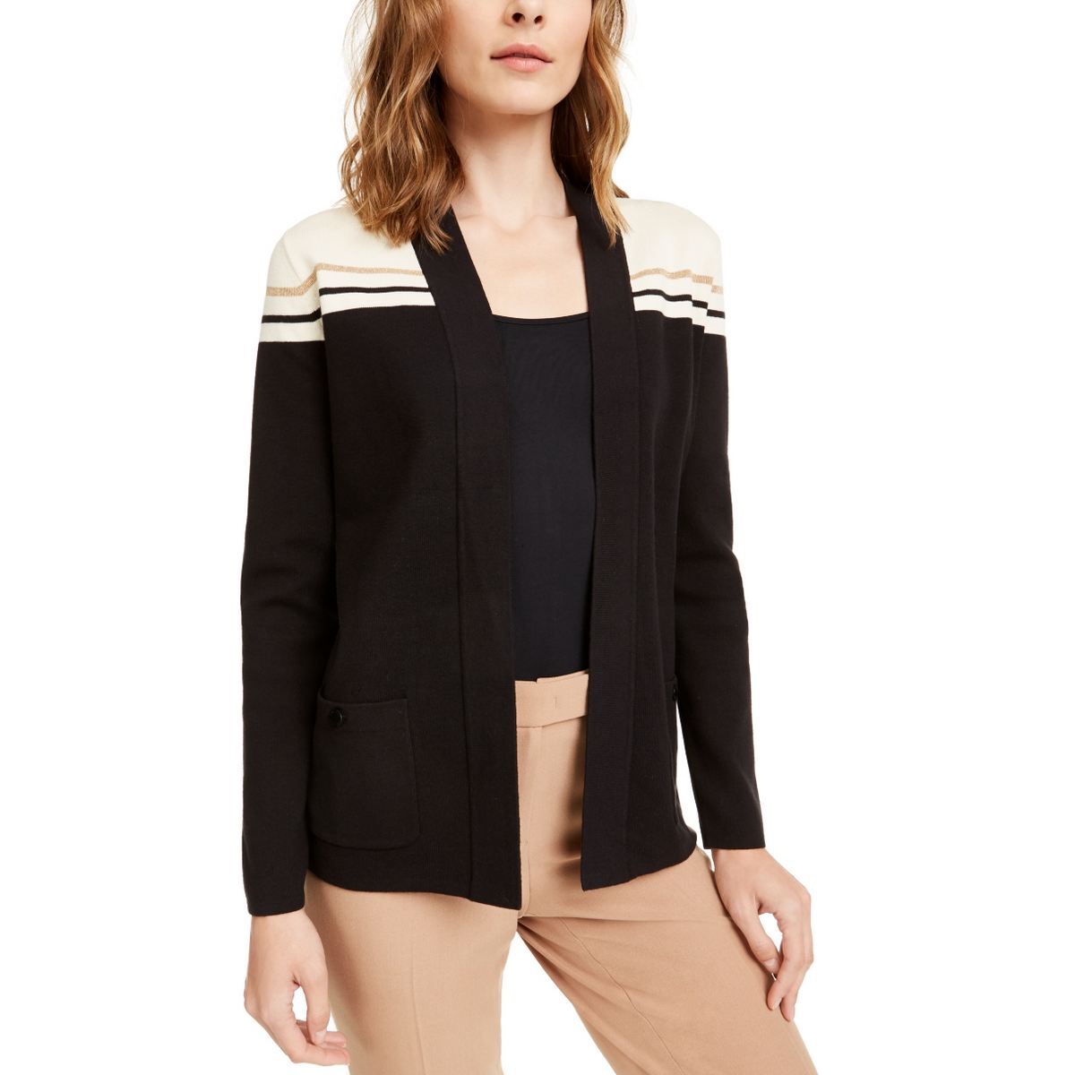 ANNE KLEIN NEW Women's Striped Contrast Elbow-patch Cardigan