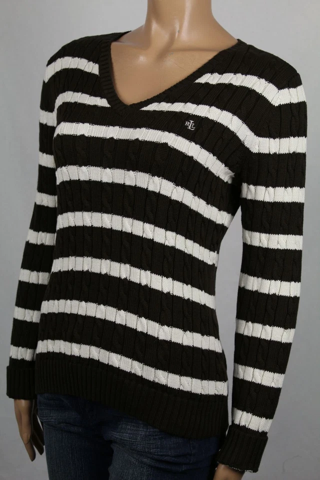 Suéter Ralph Lauren Marrón Tejido con Cable Cuello en V Crema LRL NUEVO CON ETIQUETAS Foto 2 de 2