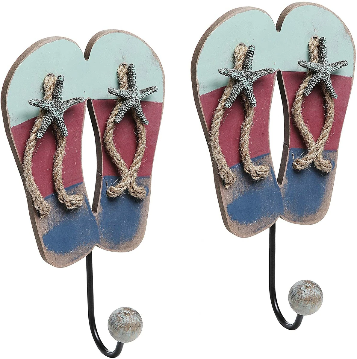 Nautical-Theme Flip Flop Sandal Wall-Hanging Single Ball Hook/ Rack, Set of  2