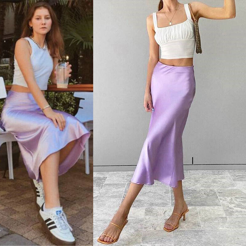 Purple Long High Skirt Silk Waisted New Skirt Solid Satin New