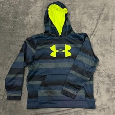 Under Armour Pullover Hoodie Youth Large Navy Striped Lined Big Green Logo