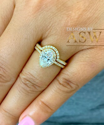 14k Yellow Gold Pear Forever Moissanite Diamond Engagement Ring And Band 2.00ct