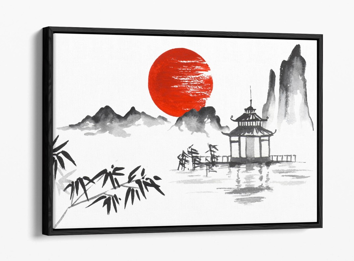 JAPANESE SUMI-E RED SUN SAKURA TREE -FLOAT EFFECT FRAMED CANVAS