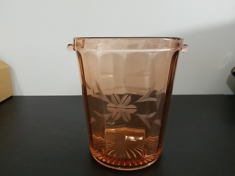 Vintage Pink Depression Glass Ice Bucket with Etched Design Missing Handle