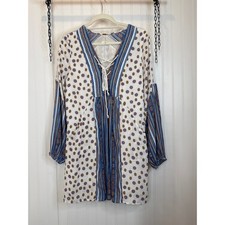 Free People Rain Shine Printed Lace-Up Swing Dress Floral Stripe Boho Mini Sz S