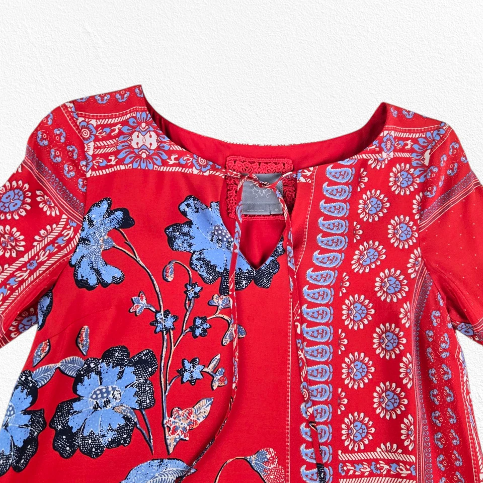 Mini Vestido Vanessa Virginia Boho Manga Campana Rojo Azul Floral 100% Seda Talla XS Foto 2 de 4