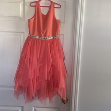 Coral Tulle Formal Flower Girl Dress with Diamond Sequin Waist and Layered Skirt