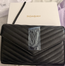 Saint Laurent Women s Black Quilted Logo Chain Wallet w/ Credit Card Slots