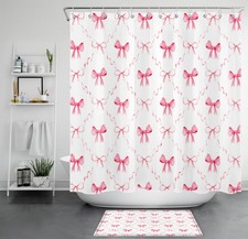 Pink and White Abstract Cute Pink Bow Shower Curtain Set for Bathroom Decor