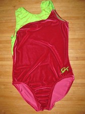 GK ELITE Leotard CL Childs LARGE Polyester Spandex RED VELOUR with Bright GREEN