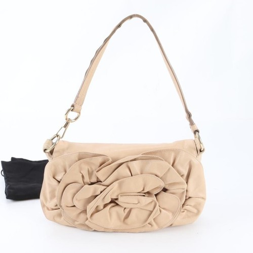 YSL Rive Gauche Nadja Floral Leather Shoulder Bag Beige Gold Auth