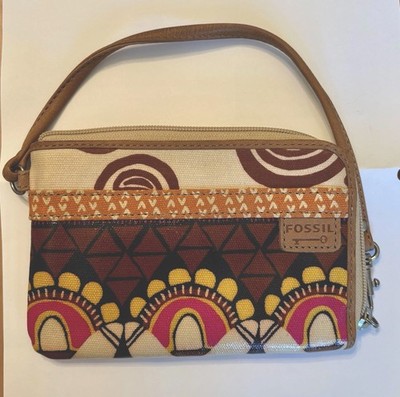 Fossil Key-Per Wristlet Geometric Floral Coated Canvas Leather Trim Multi-Color