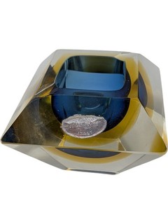 Vintage Italian Glass Murano Yellow Blue Glass Diamond 1960's Art