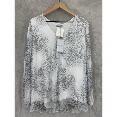 Elena Baldi Shirt Womens 3X White Gray Animal Print 100% Silk Sheer Italy NEW