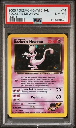 2000 POKEMON GYM CHALLENGE HOLO #14 ROCKET'S MEWTWO PSA 8 SWIRL 🌀