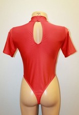 Women Thong Leotard 106-03 Short Sleeve High Collar Red Spandex Size L