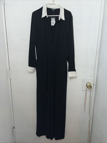 Ralph Lauren Jumpsuit Strampler schwarz 14 Langarm weiß Kragen Kordelzug Taille