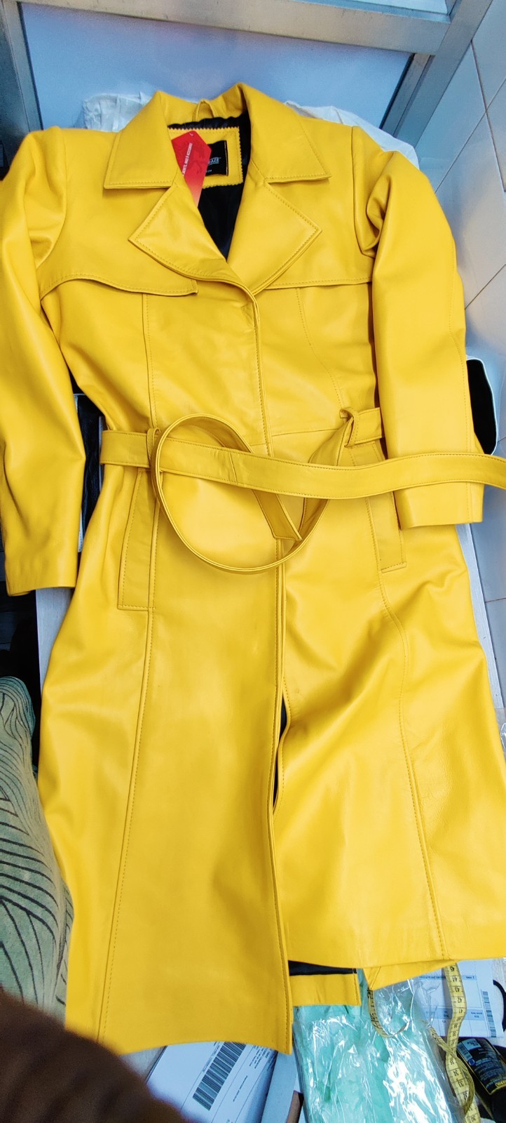 Genuine Lambskin Yellow Leather Trench Coat For Women Classy Formal Coat