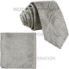 New Vesuvio Napoli Men's 2.5" skinny necktie hankie set paisley prom silver